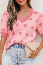 Polka Dot Puff Short Sleeve Sweater Top