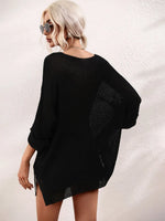 Boat Neck Cuffed Sleeve Slit Tunic Knit Top
