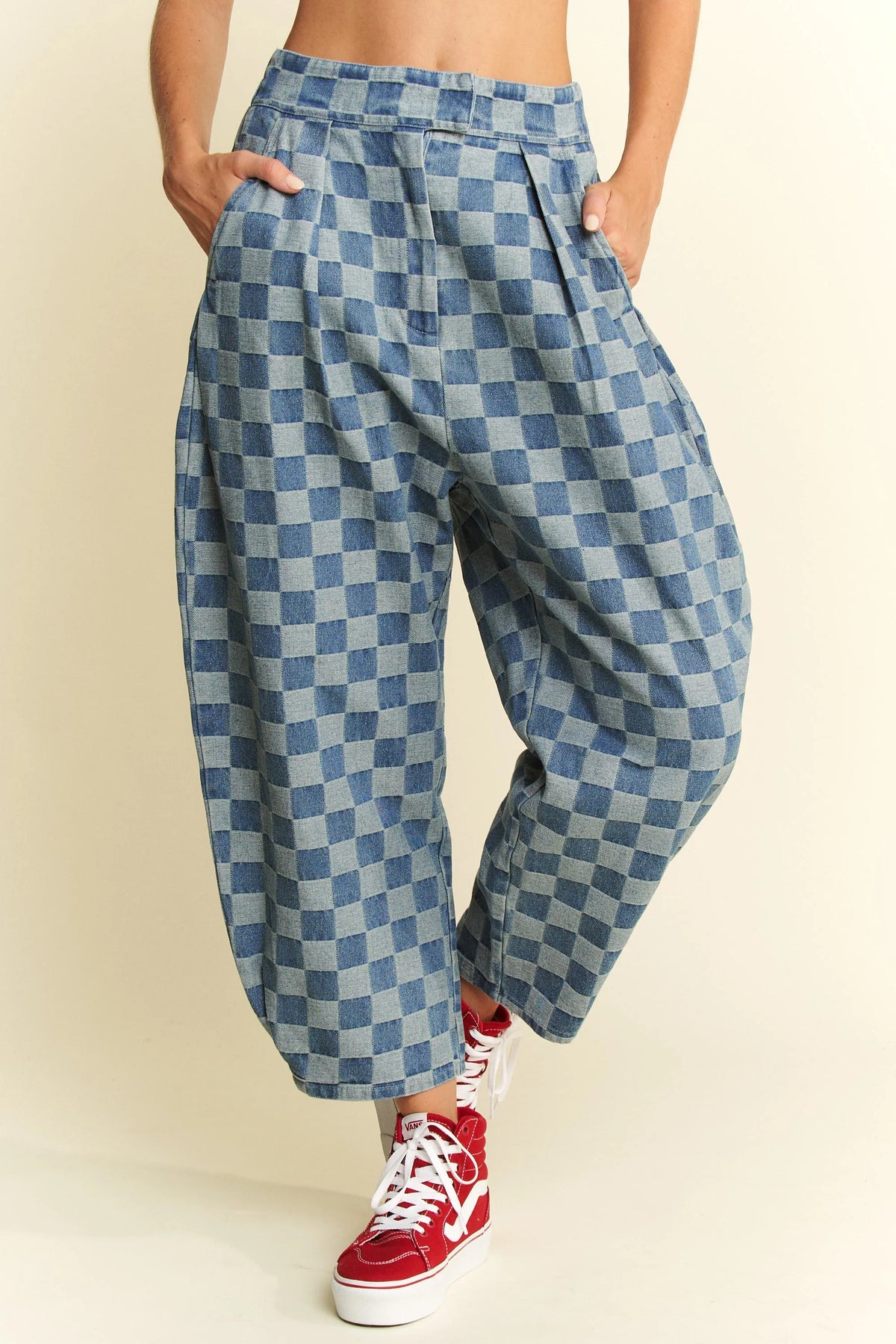Jade By Jane Plus Size Pleated Checkered High Waist Barrel Pants - Ladyez