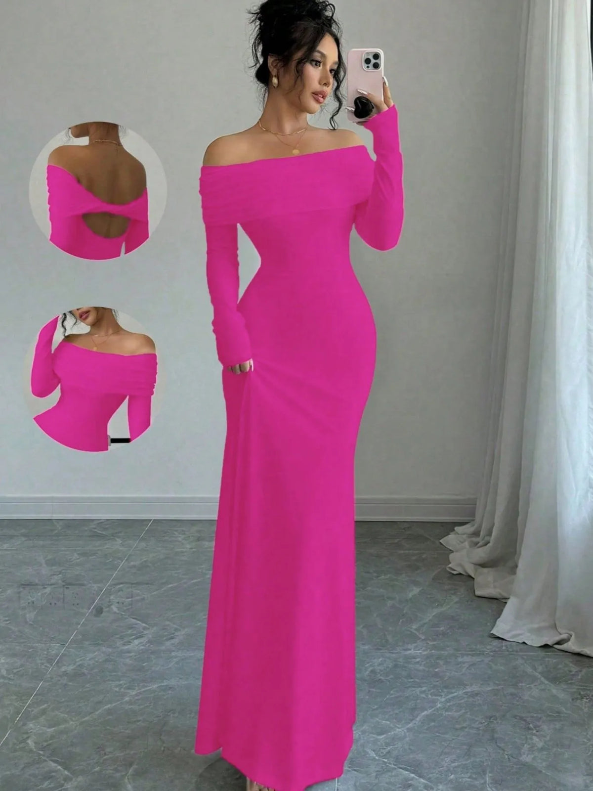 Off-Shoulder Long Sleeve Bodycon Maxi Dress - Ladyez
