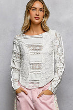 POL Round Neck Long Sleeve Exposed Seam Top with Lace Detail
