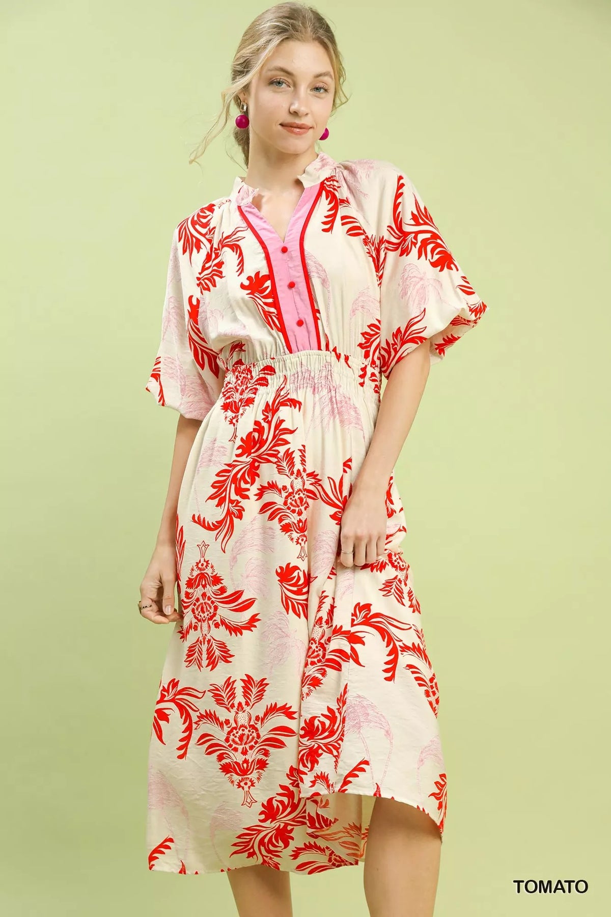 Umgee Tropical Print Button Detail Midi Dress