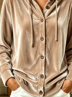 Full Size Velvet Button-Down Hooded Top Plus Size