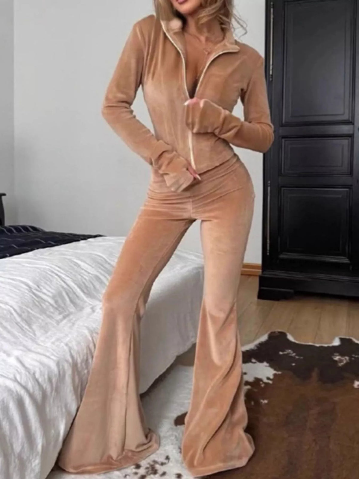 Zip-Up Crop Top and Flared Pants Two-Piece Set