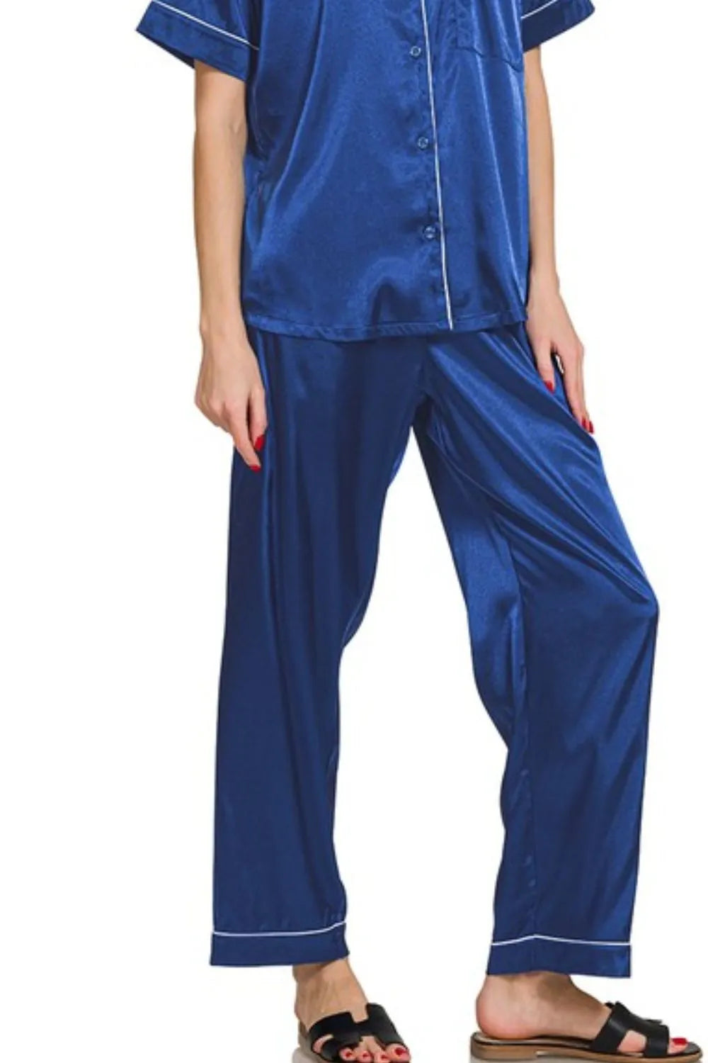 Zenana Satin Short Sleeve Top and Pants Pajama Set - Ladyez