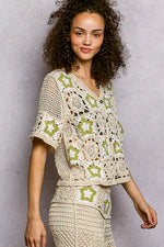 POL Button Front V-Neck Crochet Cardigan with Contast Star