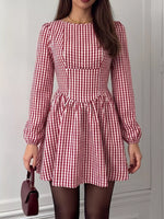 Backless Plaid Long Sleeve Dress