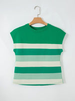 Stripe Mixed Print Crew Neck Cap Sleeve T Shirt