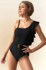 Davi & Dani Solid One Shoulder Ruffle One Piece Swimsuit - Ladyez