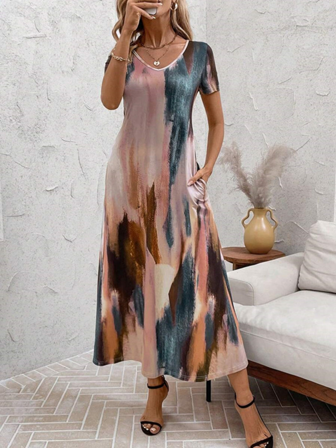 Tie-Dye V-Neck Short Sleeve Midi Tee Dress - Ladyez