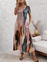 Tie-Dye V-Neck Short Sleeve Midi Tee Dress - Ladyez