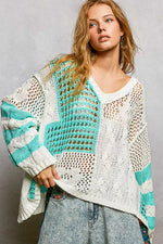 POL Color-Blocked Stripe Pattern Knit Top with Twisted Weave