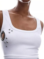 Ribbed Tank Top with Metal Grommet Cutouts and Stud Embellishments