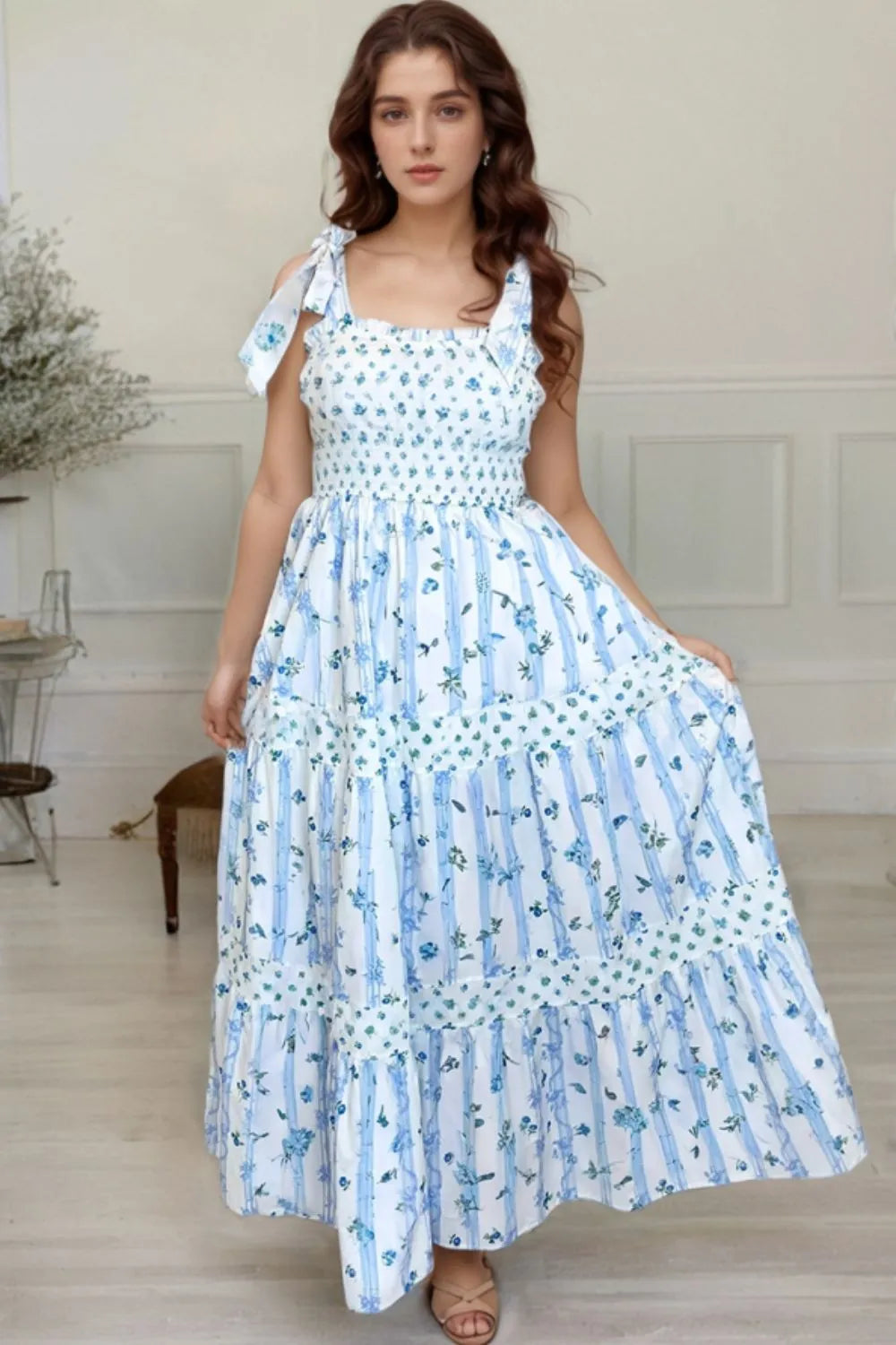 Floral Smocked Tied Straps A-Lined Tiered Dress
