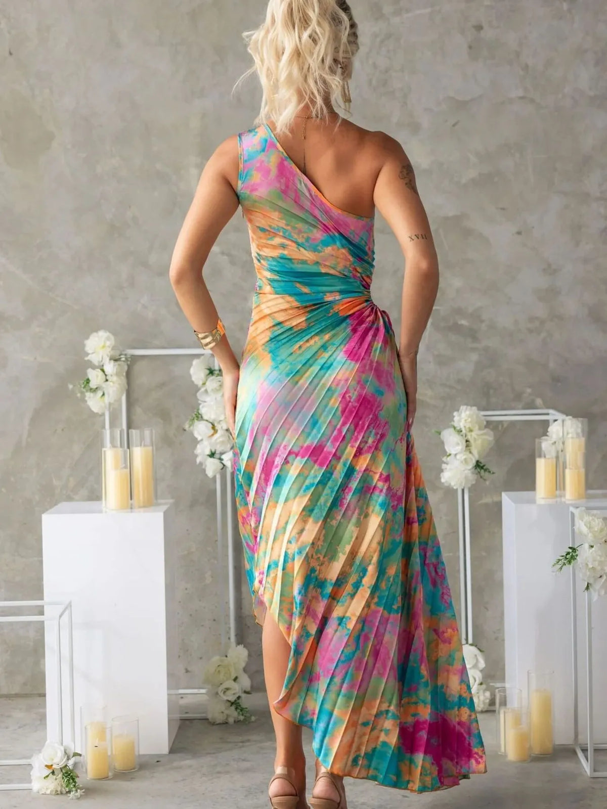 Printed One Shoulder Asymmetrical Maxi Dress - Ladyez