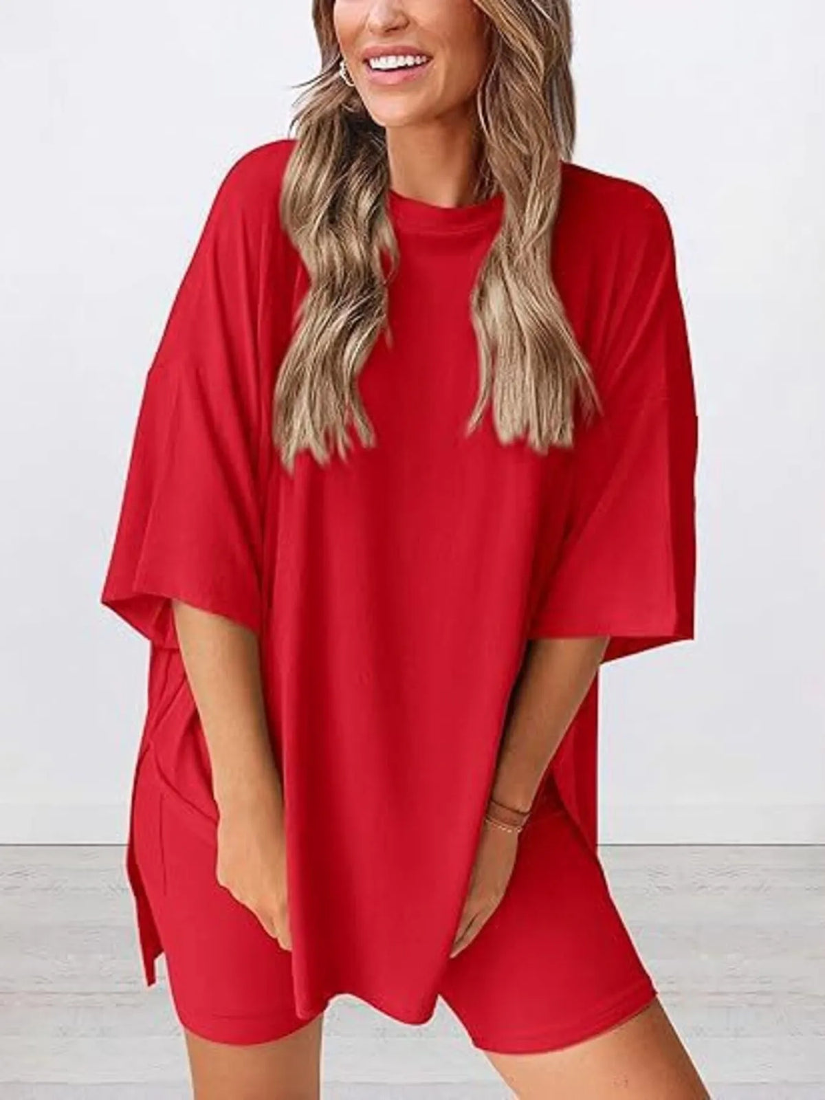 Full Size Oversized Slit Round Neck Top and Shorts Lounge Set Plus Size - Ladyez