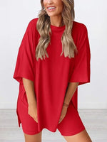Full Size Oversized Slit Round Neck Top and Shorts Lounge Set Plus Size - Ladyez