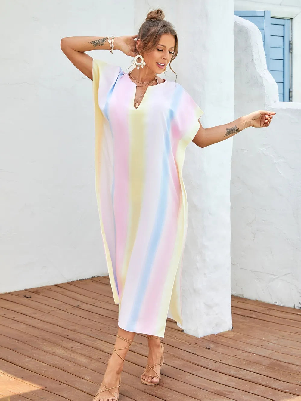Slit Striped Notched Short Sleeve Cover Up - Ladyez