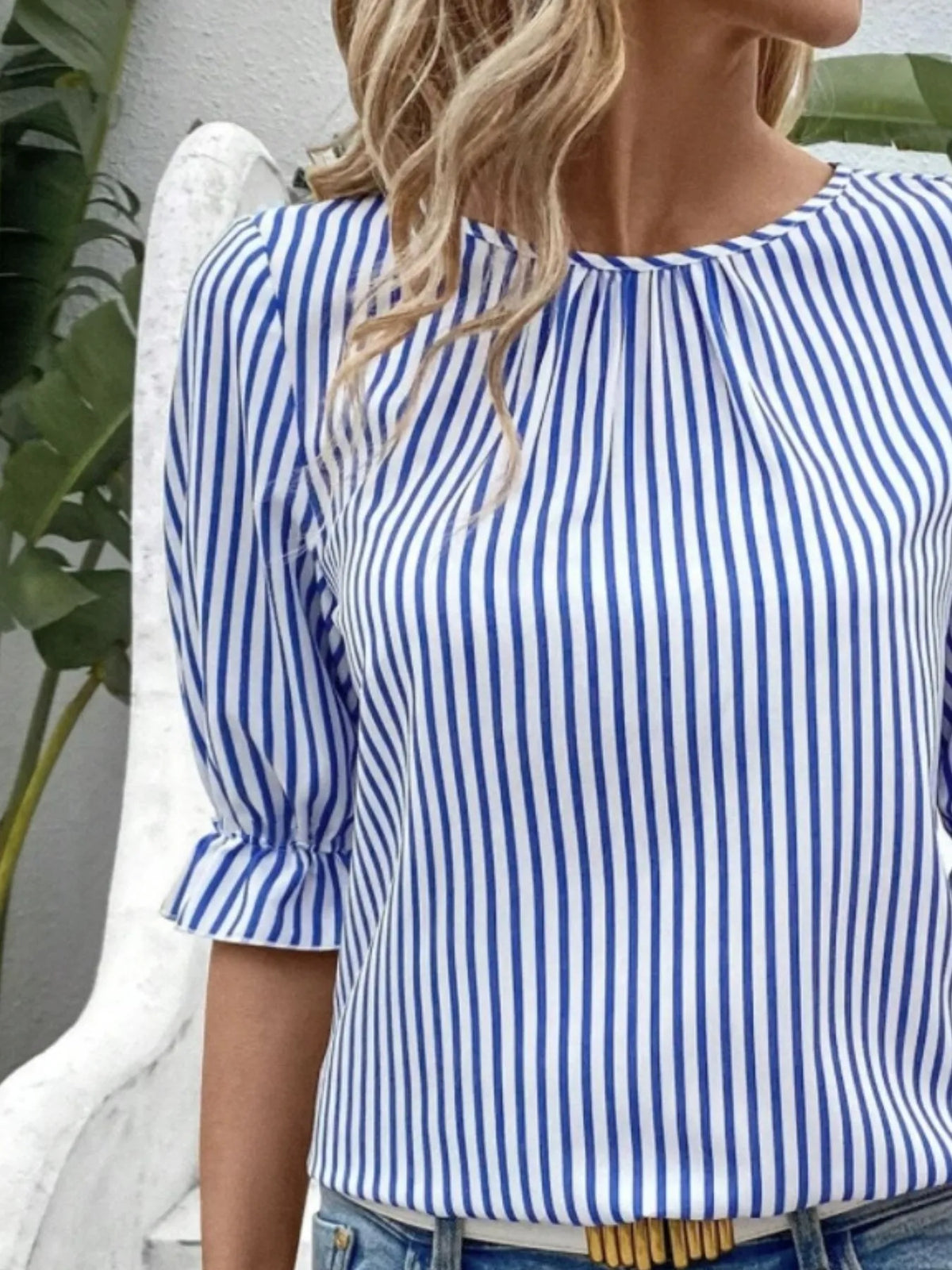 Striped Round Neck Half Sleeve Casual Blouse - Ladyez
