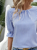 Striped Round Neck Half Sleeve Casual Blouse - Ladyez