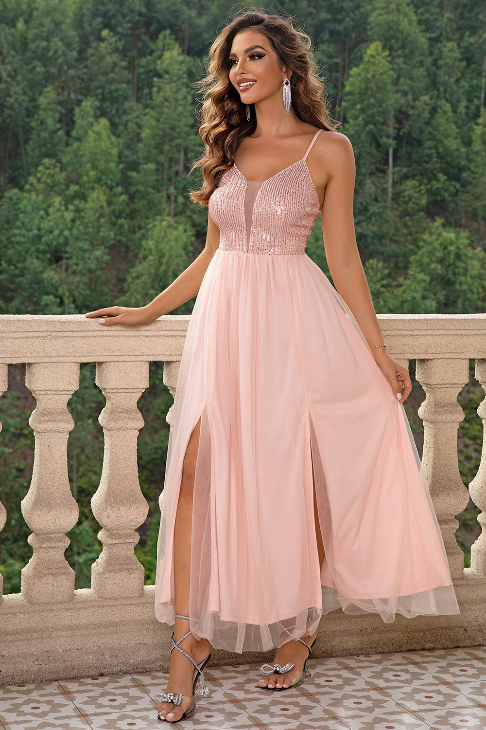 Spaghetti Strap Slit Mesh Dress - Ladyez
