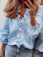 Ruffled V-Neck Long Sleeve Blouse