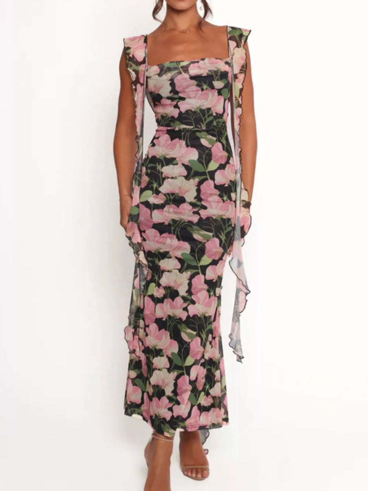 Floral Print Ruffle Trim Bodycon Maxi Dress