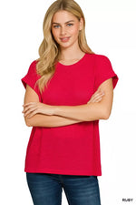 Zenana Hacci Slub Rolled Up Sleeve Tee