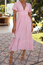 V-Neck Puff Short Sleeve Midi Dress