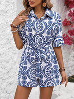 Printed Tie Waist Button Front Romper