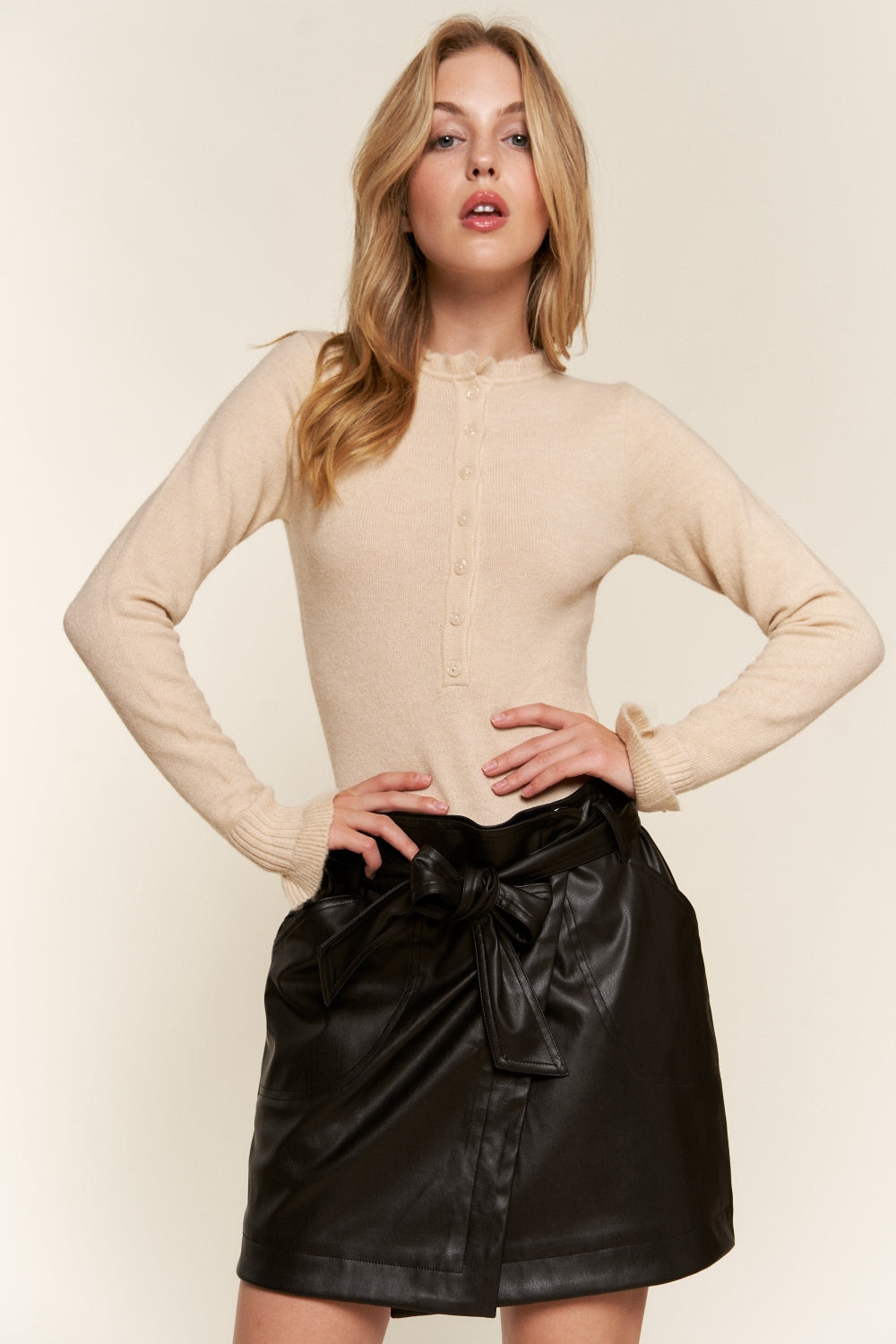And The Why Half Button Round Neck Long Sleeve Bodysuit - Ladyez