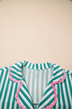 Stripe Contrast Ricrac Trim Long Sleeve Shirt Drawstring Ruffled Pajama Short Set