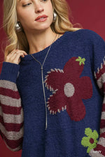 Umgee Flower Jacquard Striped Long Sleeve Sweater