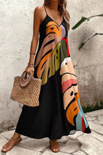 Tropical Leaf Print V-Neck Maxi Cami Dress