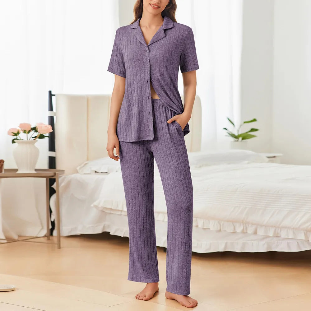 Button Down Long Sleeve Top and Pants Lounge Set - Ladyez