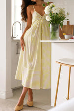 Smocked Back Striped Sleeveless Midi Dress