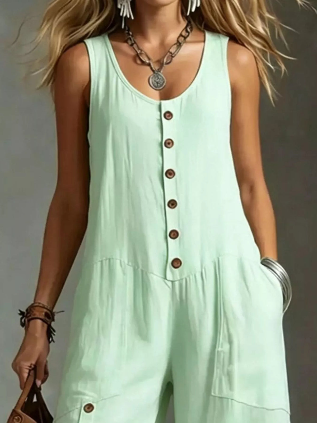 Full Size Sleeveless Button-Down Wide-Leg Jumpsuit Plus Size