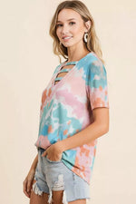BiBi Tie-Dye V-Neck Cutout Short Sleeve T-Shirt