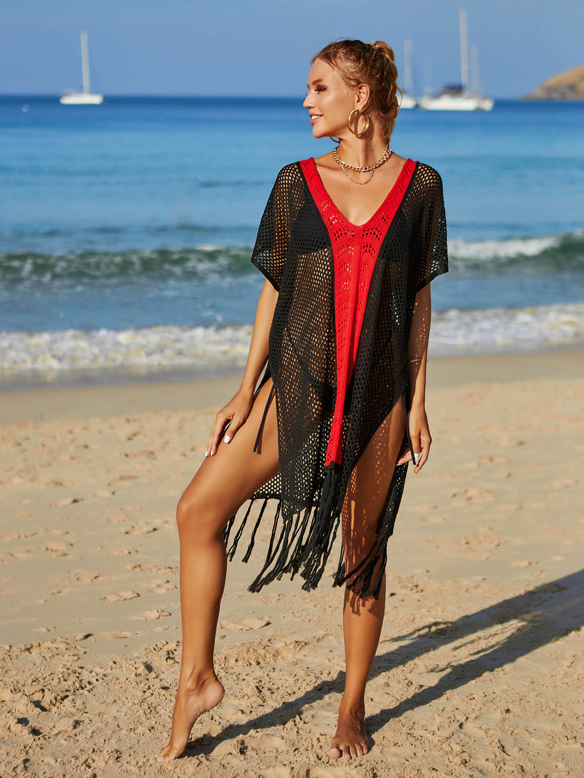 Angel Wings Contrast Fringe Trim Openwork Cover-Up Dress - Ladyez