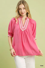 Umgee Solid Contrast Trim Pleated Top