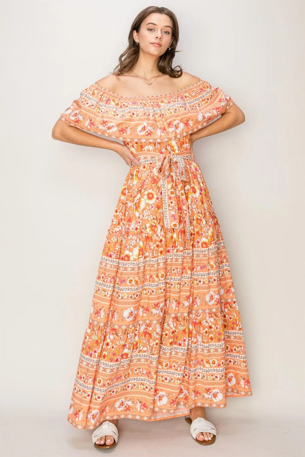 HYFVE Floral Off-Shoulder Tie Front Maxi Dress - Ladyez