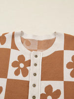 Flower Plaid Henley Baggy Sweater