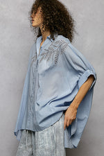 POL Button Down Embroidered Floral High-Low Hem Shirt