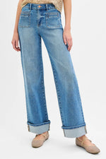 RISEN Full Size Elastic Band Mid Rise Wide Front Patch Pocket Cuff Jeans Plus Size - Ladyez