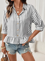Striped Ruffle Hem Button-Down Shirt