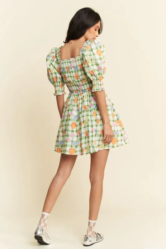 Davi & Dani Fruits Printed Smocking Mini Dress - Ladyez
