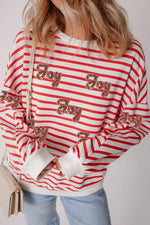 Stripe Sequined Joy Pattern Patchwork Sleeve Round Neck Sweatshirt