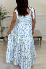 Floral Smocked Tied Straps A-Lined Tiered Dress