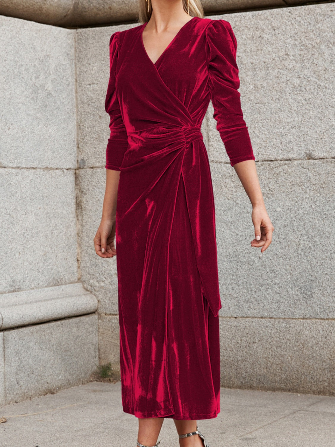 Surplice Puff Sleeve Midi Dress - Ladyez