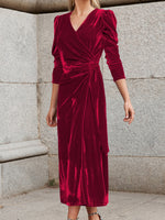 Surplice Puff Sleeve Midi Dress - Ladyez
